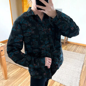 Soulland Black Floral Collared Bohemian Festival Style Button Down Canvas Jacket